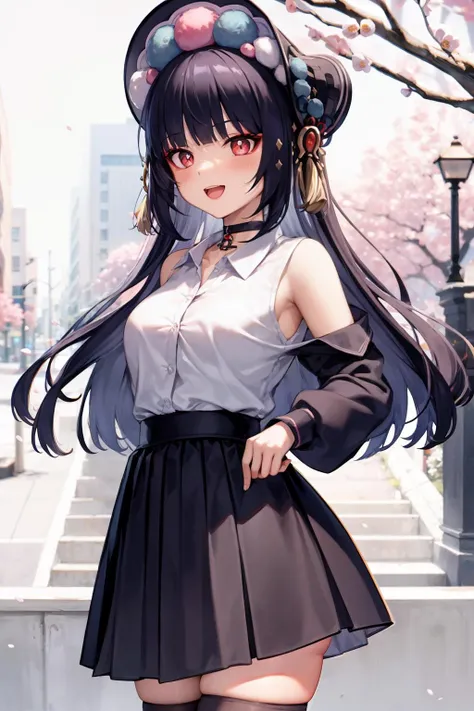 masterpiece, best quality, <lora:yunjin:1>,1girl, solo, long hair, red eyes, skirt, thighhighs, bangs, looking at viewer, puffy long sleeves, long sleeves, white thighhighs, shirt, black hair, smile, shoulder cutout, hair ornament, white shirt, blunt bangs, black skirt, blush, puffy sleeves, white background, open mouth, bag, hat, symbol-shaped pupils, sleeves past wrists, cherry blossoms, pleated skirt, choker, purple headwear, collared shirt, zettai ryouiki, cowboy shot, breasts, standing, alternate costume, clothing cutout