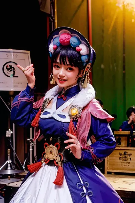 masterpiece, best quality, <lora:yunjin:1>,yun jin \(genshin impact\), 1girl,huge breasts, solo, red eyes, bangs, vision (genshin impact), blunt bangs, looking at viewer, smile, blush, long sleeves, dress, long hair, open mouth, bonnet, black hair, hime cut, tassel, purple dress, capelet, purple headwear <lora:80year03:0.6>,stage