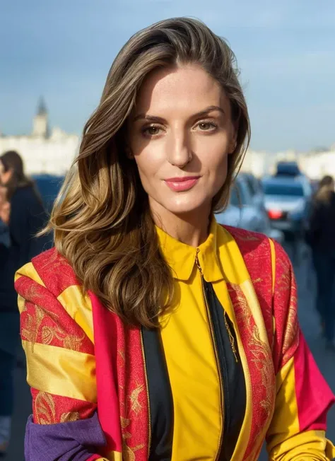 portrait of a woman in Paris, France, modest attire, bold, bright colours, by Bill Gekas, (high detailed skin:1.1) <lora:maude_hirst_lora_v01:1> maddyhirst