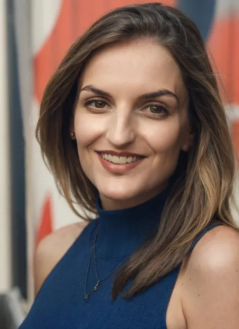 face, portrait of a woman in a blue sleeveless turtleneck, smirk, at London city, bold, bright colours, by Bill Gekas, (high detailed skin:1.1) <lora:maude_hirst_lora_v01:1> maddyhirst