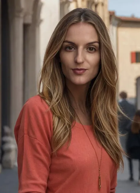 face, portrait of a woman in red top, at Firenze, bold, bright colours, by Bill Gekas, (high detailed skin:1.1) <lora:maude_hirst_lora_v01:1> maddyhirst