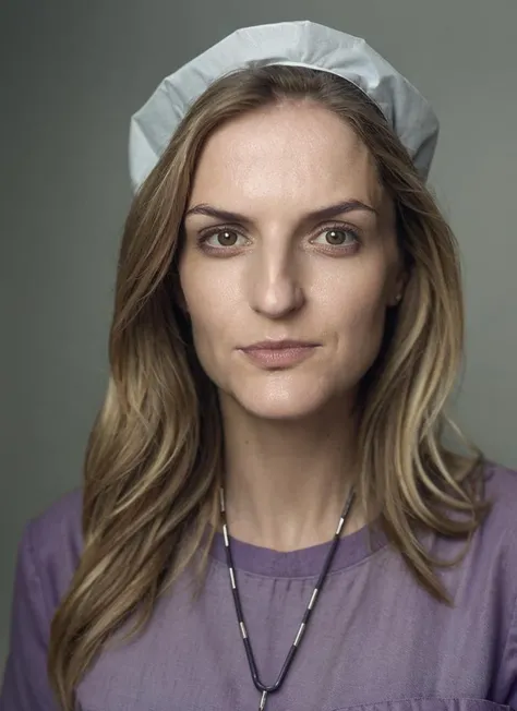 face, portrait of a nurse in purple scrub, at hospital, frowning, bold, bright colours, by Bill Gekas, (high detailed skin:1.1) <lora:maude_hirst_lora_v01:1> maddyhirst