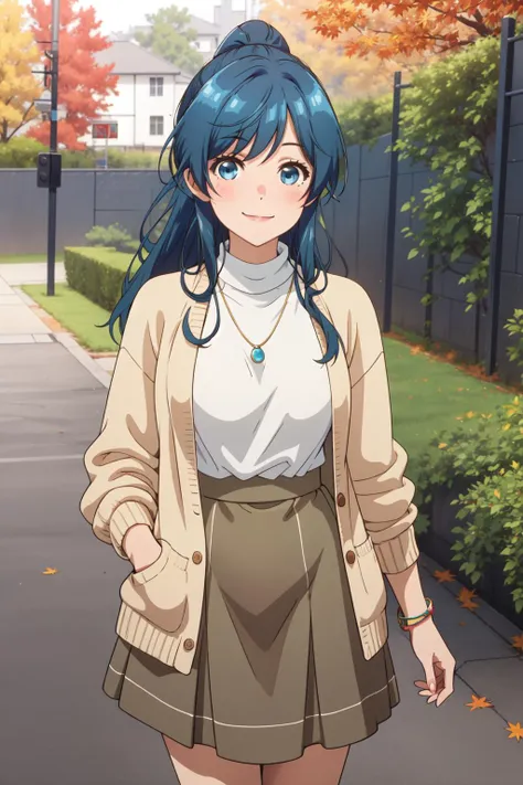 best quality, masterpiece, highres, solo,(mature female, milf:1.2), looking at viewer, nanami minami, blue hair, blue eyes, long hair, ponytail,
light smile, blush,autumn, Dusty rose cardigan, Olive green midi skirt, Taupe ankle boots, Cream oversized sweater, cowboy shot,
<lora:chara_JakuChara_NanamiMinami_v1:.8>