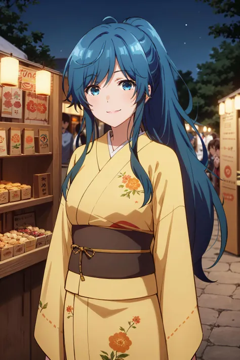 best quality, (masterpiece:1.2), detailed,
<lora:chara_JakuChara_NanamiMinami_v1:0.8>,
1girl, solo, smile, closed mouth,
blue hair, blue eyes, long hair, ponytail,
japanese clothes, yellow kimono,
standing, looking at the viewer,
night, festival, stall, firework