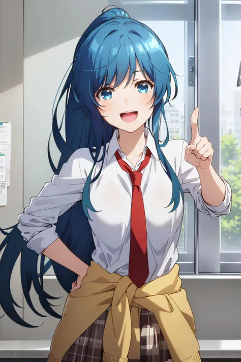 best quality, (masterpiece:1.2), detailed,
<lora:chara_JakuChara_NanamiMinami_v1:0.8>,
1girl, solo, open mouth, smile,
blue hair, blue eyes, long hair, ponytail,
school uniform, white shirt, red tie, pleated skirt, sweater around waist,
standing, pointing at viewer, looking at the viewer,
indoors, classroom