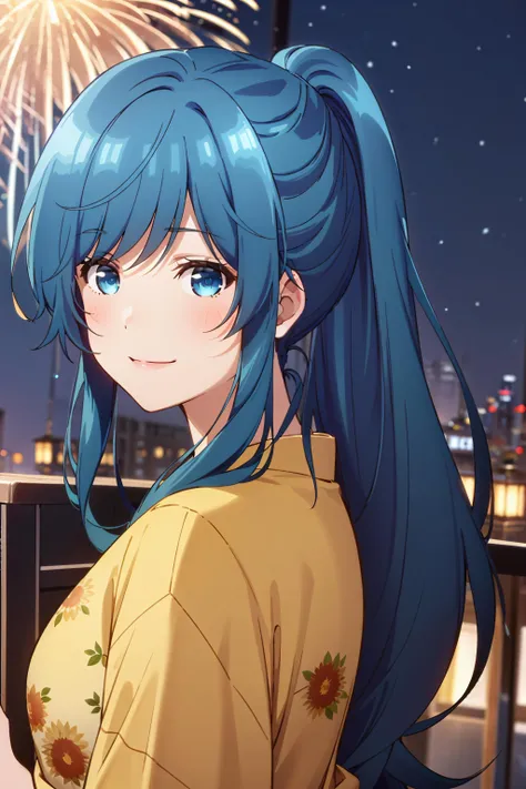 best quality, (masterpiece:1.2), detailed,
<lora:chara_JakuChara_NanamiMinami_v1:0.8>,
1girl, solo, smile, closed mouth,
blue hair, blue eyes, long hair, ponytail,
japanese clothes, yellow kimono, floral print,
standing, looking at the viewer,
night sky, fireworks