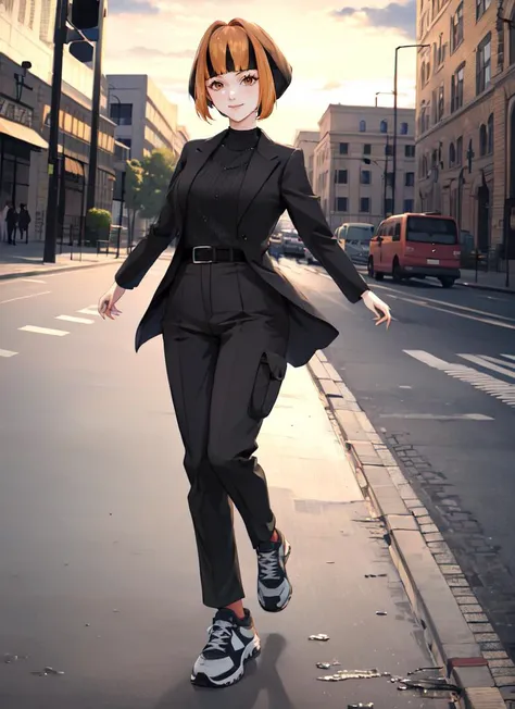 ((best quality)), ((highly detailed)), absurdres, detailed face, beautiful face, (detailed eyes, deep eyes), (1girl), dynamic angle, dynamic pose, full body, (((wide shot))), <lora:gardenia-v1:1>, natane, multicolored hair, orange hair, medium breasts, smiling, <lora:pornhub(clothes):1>, pornhub, t-shirt, kilt, sneakers, <lora:AnzhcTuxedo:1>, anzhctuxedo, suit jacket, suit pants, (outdoors, at a city, dawn, sunrise)