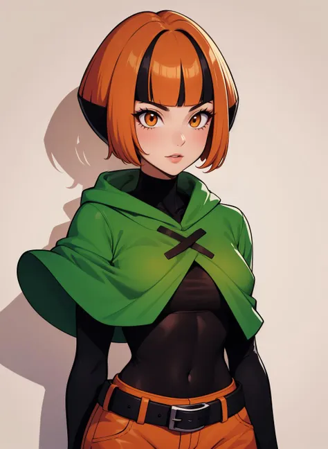 1girl, solo, photogenic adult mature woman, age 30, standing,high quality, best quality, high detail, highres, 4k 8k, shadows, <lora:Char_pokemon-Gradenia:0.8> natane, multicolored hair, green capelet, black shirt, long sleeves, midriff, belt, orange shorts