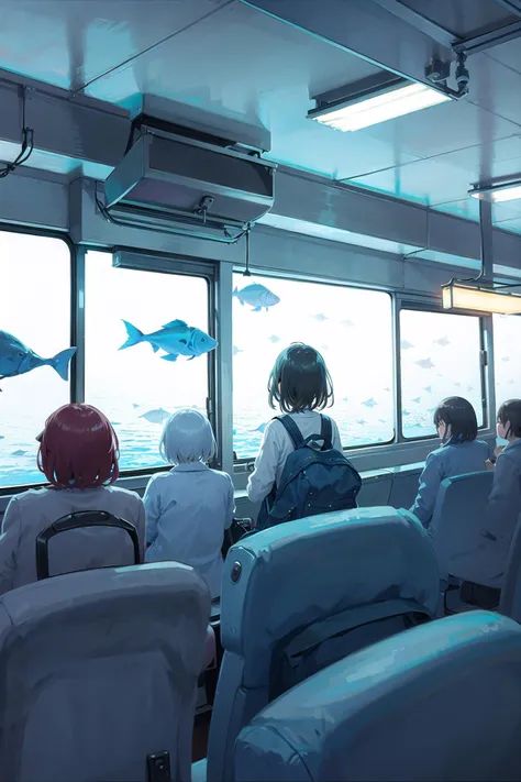 noctiluca, fish, blue theme, 1girl, train interior, solo, short hair, sitting, from behind, black hair, aqua theme, indoors, bag, aquarium, facing away, window, scenery <lora:noctiluca:1>