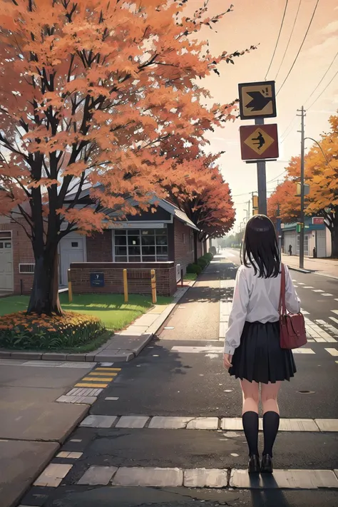 noctiluca, 1girl, outdoors, ground vehicle, road, motor vehicle, car, street, building, black hair, skirt, bag, tree, white shirt, autumn leaves, scenery, long hair, solo, shirt, leaf, long sleeves, from behind, black skirt, day, sign, walking, city, shadow, autumn, school uniform, socks, crosswalk, road sign, wide shot, sky <lora:noctiluca:1>