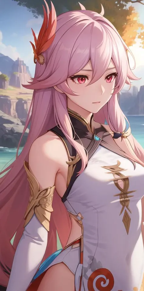 ((from front, upper body, )) large breasts,masterpiece, best quality, (intricate details:1.2), (scenery:1.11), solo, face focus, close up, ultra high res, right anatomy, detailed skin, beautiful face, 1 girl, fu hua \(phoenix\),
