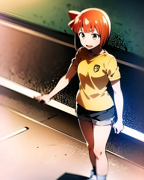 aizawa_eiko, short hair, 1girl, solo, brown eyes, red hair, yellow shirt, grey shorts, sneakers, <lora:aizawa_eikoV1:.8>