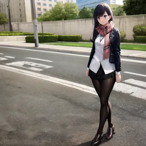 Anime girl in a short skirt and jacket standing on a street - SeaArt AI