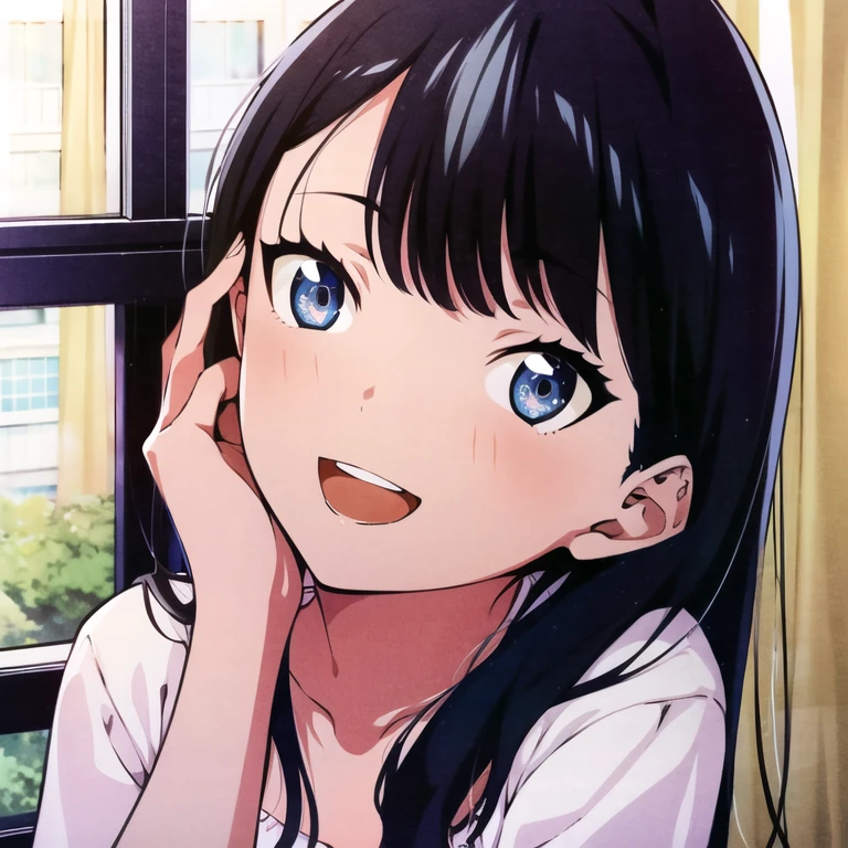 best quality, highres, absurdres, ultra detailed, <lora:takaradaRikka_takaradaRikka:0.8>, TakaradaRikka, 1girl, solo, blue eyes, black hair, looking at viewer, smile, open mouth, bangs, long hair, close-up, window