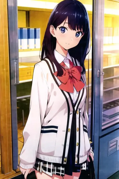 best quality, highres, absurdres, ultra detailed,  <lora:takaradaRikka_takaradaRikka:0.8>, TakaradaRikka, 1girl, solo, skirt, bow, white cardigan,