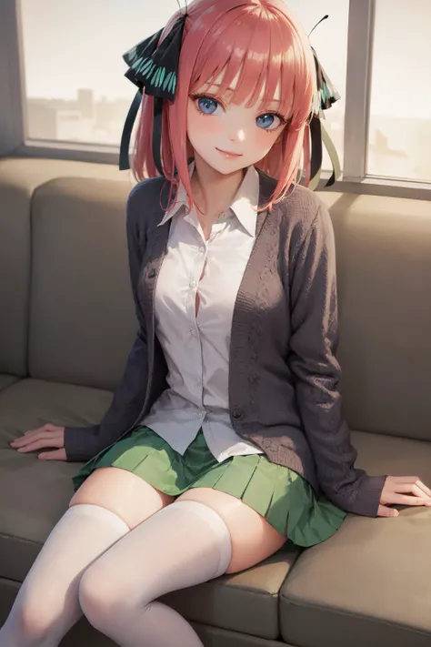 (masterpiece, best quality:1.2), <lora:quintuplets_nino-10:1>, solo, 1girl, nakano nino, smile, closed mouth, looking at viewer, sitting, long pink hair, hair ribbon, butterfly hair ornament, dark grey cardigan, white collared shirt, green skirt, white thighhighs, indoors, sofa