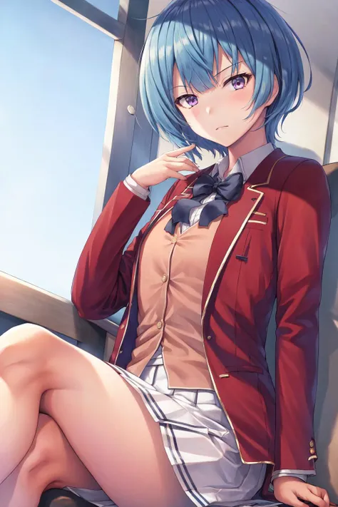 masterpiece, best quality, highres, 1girl ibuki mio short hair blue hair, white skirt red jacket open jacket <lora:ibuki_mio:1> sitting, (crossed legs : 1.2)