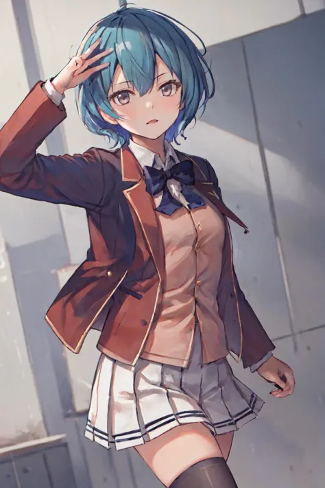 masterpiece, best quality, highres, 1girl ibuki mio short hair blue hair, white skirt red jacket open jacket <lora:ibuki_mio:1> standing