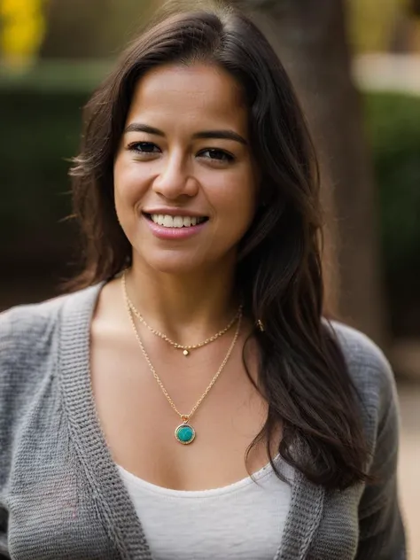 Realistic photo of a beautiful m1ch3ll3r-v2 woman, 1girl, solo, long hair, looking at viewer, smile, simple background, black hair, brown eyes, jewelry, upper body, teeth, necklace, grin, sweater, lips, realistic, grey sweater, soft lighting, professional Photography, Photorealistic, detailed, RAW, analog, sharp focus, 8k, HD, DSLR, high quality, Fujifilm XT3, film grain, award winning, masterpiece<lora:m1ch3ll3r-v2:1.0>