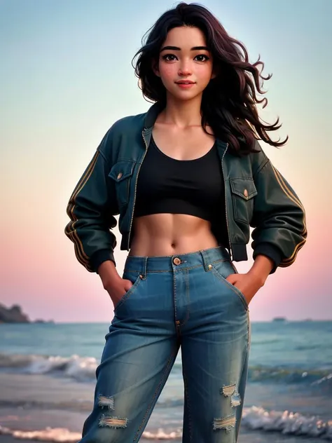 Realistic photo of a beautiful m1ch3ll3r-v2 woman, 1girl, solo, long hair, breasts, looking at viewer, smile, black hair, navel, jacket, open clothes, midriff, pants, mole, open jacket, lips, black pants, freckles, realistic, hands in pockets, soft lighting, professional Photography, Photorealistic, detailed, RAW, analog, sharp focus, 8k, HD, DSLR, high quality, Fujifilm XT3, film grain, award winning, masterpiece<lora:m1ch3ll3r-v2:1.0>