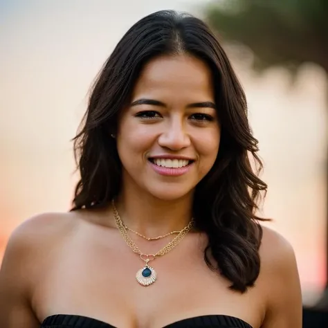 a Realistic photo of 4l1c14s1 woman, long hair, breasts, looking at viewer, blonde hair, simple background, brown hair, shirt, cleavage, jewelry, grey background, necklace, grin, lips, realistic, soft lighting, professional Photography, Photorealistic, detailed eyes, RAW, analog, sharp focus, 8k, HD, DSLR, high quality, Fujifilm XT3, film grain, award winning, masterpiece