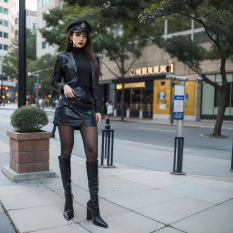 black color RealPantyhose,best quality,((((masterpiece)))),((((highly detailed)))),[[[realistic art]]],((full body)),wide shot,ultra highres,makeup,fundoshi,eyeshadow,long_eyelashes,red_lips_,1girl,. 35mm photograph,film,bokeh,professional,4k,highly detailed,<lora:RealPantyhose_1_0:0.8>,seductive posture,intimate actions,high heel boots,blue military uniform suit,short pencil skirt,<lora:kdlegver-000008:0.5>,blue military hat,