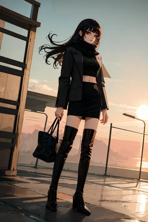 full body, wide shot, dynamic angle, absurdres,original,extremely delicate and beautiful,beautiful detailed eyes and face,1lady, black_hair, long straight hair, looking_at_viewer, solo,(masterpiece:1.4),(best quality:1.4),black latex thigh boots, shiny clothes,  sweater, open jacket, pencil skirt, scarf, medium breasts, red eyes, very long hair, black pantyhose, blunt bangs, sunset, outdoor, lens flare,  <lora:kendollthighboots:0.5>