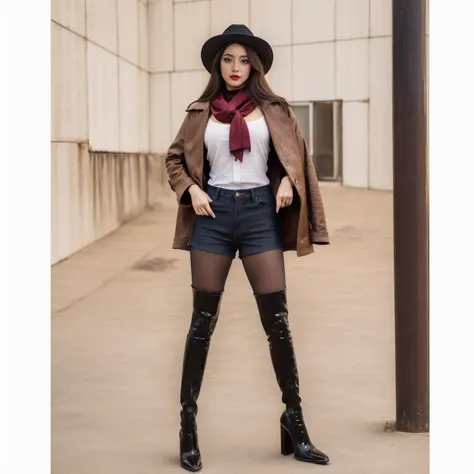 high heel thigh boots,best quality,((((masterpiece)))),((((highly detailed)))),[[[realistic art]]],((full body)),wide shot,ultra highres,spread legs,makeup,fundoshi,eyeshadow,long_eyelashes,red_lips_,hair ornament,1girl,cowboy hat,denim shorts,brown jacket,red scarf,shirt,desert,. 35mm photograph,film,bokeh,professional,4k,highly detailed,black_pantyhose,tutututu,<lora:tutuJG:0.5>,<lora:kdlegver-000008:0.6>,kendollegver,