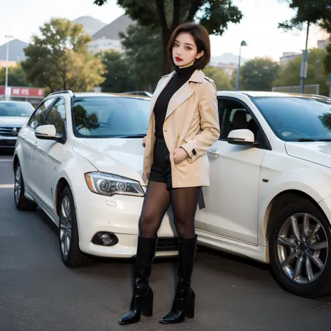 black color RealPantyhose,best quality,((((masterpiece)))),((((highly detailed)))),[[[realistic art]]],((full body)),wide shot,ultra highres,makeup,fundoshi,eyeshadow,long_eyelashes,red_lips_,1girl,. 35mm photograph,film,bokeh,professional,4k,highly detailed,<lora:RealPantyhose_1_0:0.8>,seductive posture,intimate actions,high heel boots,short hair,white trench coat,<lora:kdlegver-000008:0.5>,