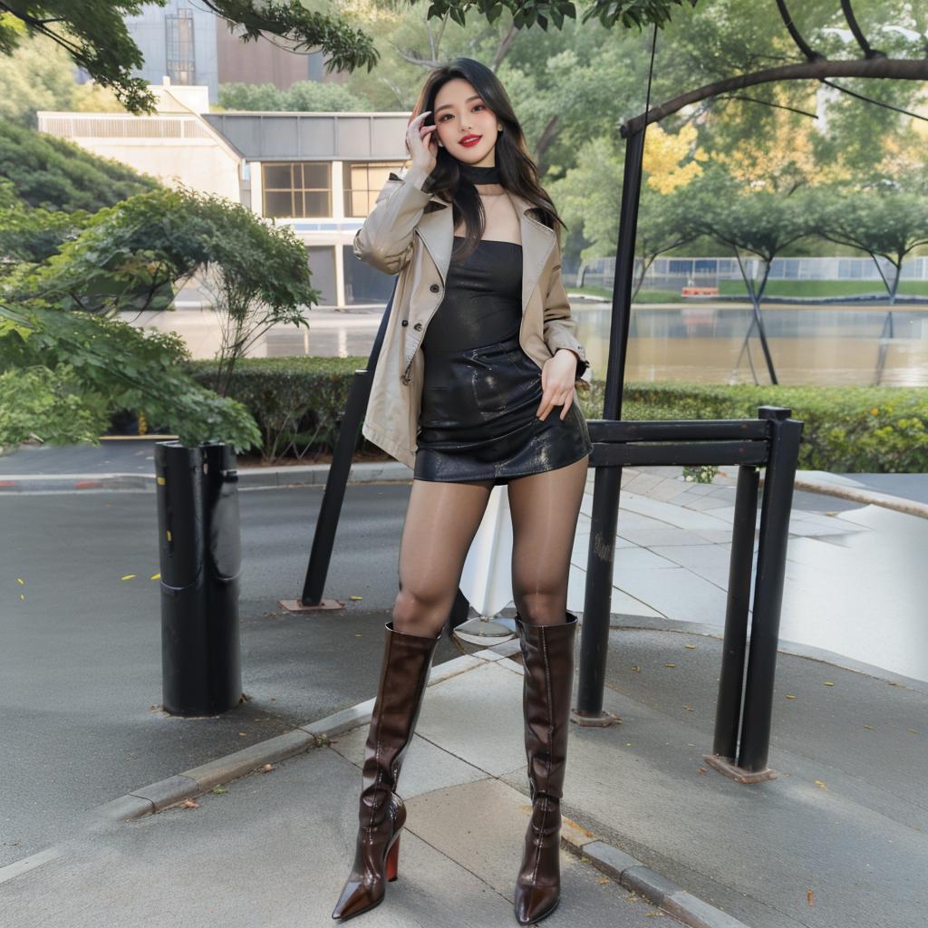 Woman in black dress and knee high boots standing on sidewalk - SeaArt AI