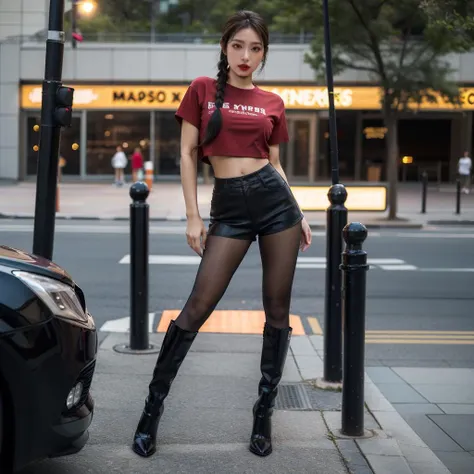black color RealPantyhose,best quality,((((masterpiece)))),((((highly detailed)))),[[[realistic art]]],((full body)),wide shot,ultra highres,spread legs,makeup,fundoshi,eyeshadow,long_eyelashes,red_lips_,1girl,xxmixgirl,. 35mm photograph,film,bokeh,professional,4k,highly detailed,twin braids,<lora:RealPantyhose_1_0:0.6>,high heels boots,<lora:kdlegver-000008:0.4>,kendollegver,red t-shirt,. 35mm photograph,film,bokeh,professional,4k,highly detailed,