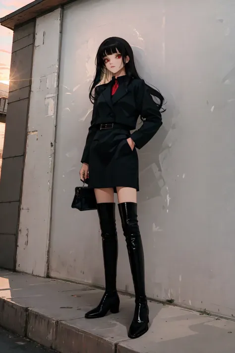 full body, wide shot, dynamic angle, absurdres,original,extremely delicate and beautiful,beautiful detailed eyes and face,1lady, black_hair, long straight hair, looking_at_viewer, solo,(masterpiece:1.4),(best quality:1.4),black latex thigh boots, shiny clothes, medium breasts, red eyes, very long hair, black pantyhose, blunt bangs, sunset, outdoor, lens flare, <lora:kendollthighboots:0.65>