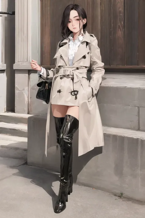 1girl, trench coat, fashion, white collared shirt, <lora:kendollthighboots:0.6>, thigh boots, beautiful detailed eyes and face,absurdres,original,extremely delicate and beautiful, (masterpiece:1.4),(best quality:1.4),