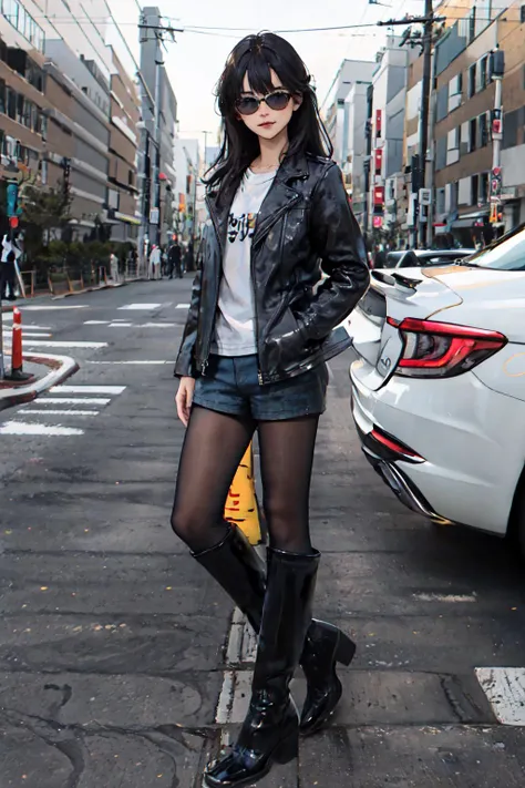 (masterpiece:1.2, best quality), (flat color, vivid colors, intricate details), 1girl, solo, full body,
Clothes: (denim jacket:1.1), black short shorts, pantyhose, kendolllegver, boots, latex,
Appearance: blunt bangs, bangs, long hair, black hair , natural makeup,
Behavior: free-spirited, spontaneous, social, hands in pockets,
Location: tokyo city, urban street, winter, <lora:legver:0.9>