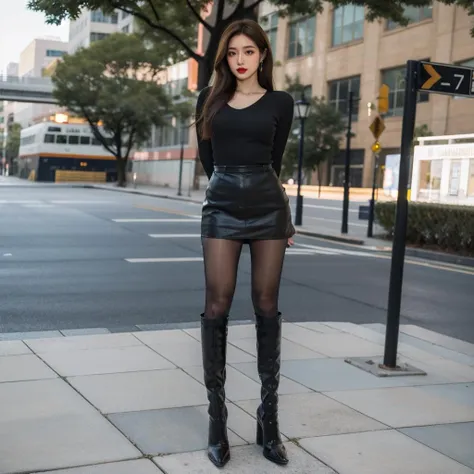 black color RealPantyhose,best quality,((((masterpiece)))),((((highly detailed)))),[[[realistic art]]],((full body)),wide shot,ultra highres,makeup,fundoshi,eyeshadow,long_eyelashes,red_lips_,1girl,. 35mm photograph,film,bokeh,professional,4k,highly detailed,<lora:RealPantyhose_1_0:0.8>,seductive posture,intimate actions,high heel boots,<lora:kdlegver-000008:0.5>,u-neck knit,brown hair,black dress,