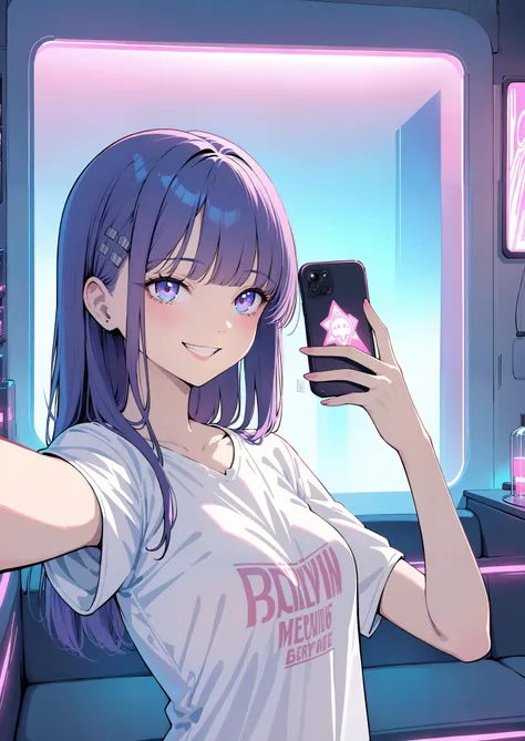 ((PEX_style)),score_9,score_8_up,score_7_up,source_anime,masterpiece,best quality,high quality,1girl,(((white oversized clothes t-shirt)), short sleeves, selfie, smile, close-up, holding phone, (v)),upper body,(indoors, a neon-drenched cyberpunk bedroom, where the walls are adorned with holographic projections of futuristic cityscapes, and the bed is a sleek, low-profile pod surrounded by ambient LED lights that pulse in sync with a digital soundtrack, creating a surreal, immersive experience),