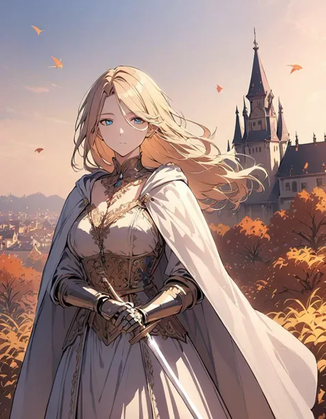 (PEX_style)(score_9,score_8_up,score_7_up),source_anime,mature_female,1girl,Pale blonde hair, Loose hair,Side-swept bangs,blue_eyes,Embroidered white cloak with Gold embroidery,Detailed engravings,,,Gold-trimmed gauntlets,Medieval knight's attire,holding_sword,autumn,sky,expressionless,(cowboy_shot:1.25),facing_viewer,Sunset hues, Castle in distant, Distant cityscape