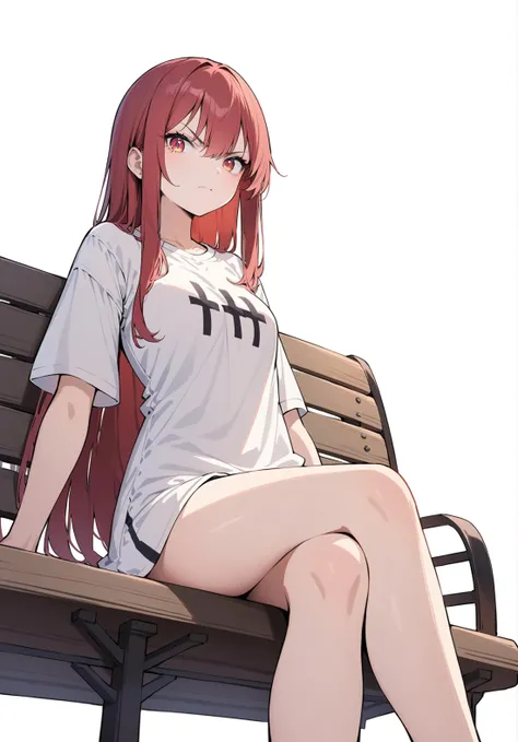 ((PEX_style)),score_9,score_8_up,score_7_up,source_anime,masterpiece,best quality,high quality,1girl,(((white oversized clothes t-shirt)), short sleeves, bare legs, cross legs, from below, red long hair, cowboy shot, disgust, looking at viewer),upper body,(sitting on the bench, simple background, white background),