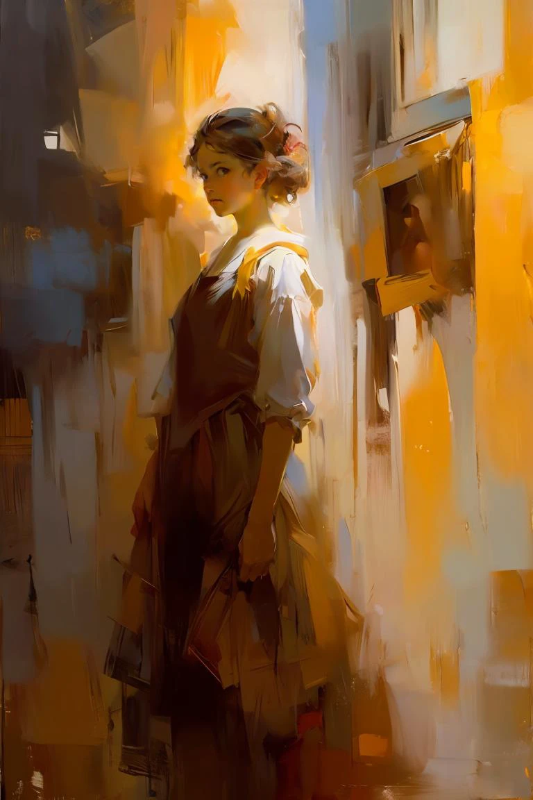 OIL PAINTING,IMPRESSIONISM,(masterpiece, best quality, ultra-detailed, best shadow),(detailed background),realistic ,(Rembrandt), <lora:DWM_painting:0.6>,1girl,looking at viewer, color field painting, (large swaths of color):1.2, abstract expressionism, bold hues, emotional impact, atmospheric depth,