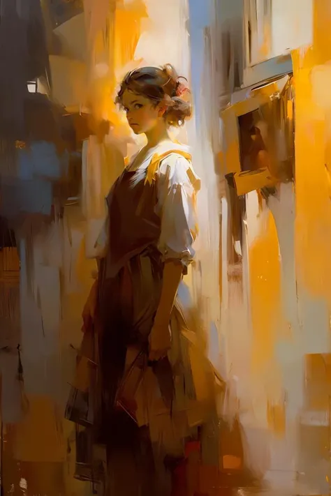 OIL PAINTING,IMPRESSIONISM,(masterpiece, best quality, ultra-detailed, best shadow),(detailed background),realistic ,(Rembrandt), <lora:DWM_painting:0.6>,1girl,looking at viewer, color field painting, (large swaths of color):1.2, abstract expressionism, bold hues, emotional impact, atmospheric depth,