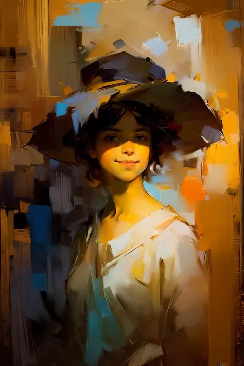 OIL PAINTING,IMPRESSIONISM,(masterpiece, best quality, ultra-detailed, best shadow),(detailed background),realistic ,(Rembrandt), <lora:DWM_painting:0.6>,1girl,looking at viewer, color field painting, (large swaths of color):1.2, abstract expressionism, bold hues, smile, atmospheric depth,