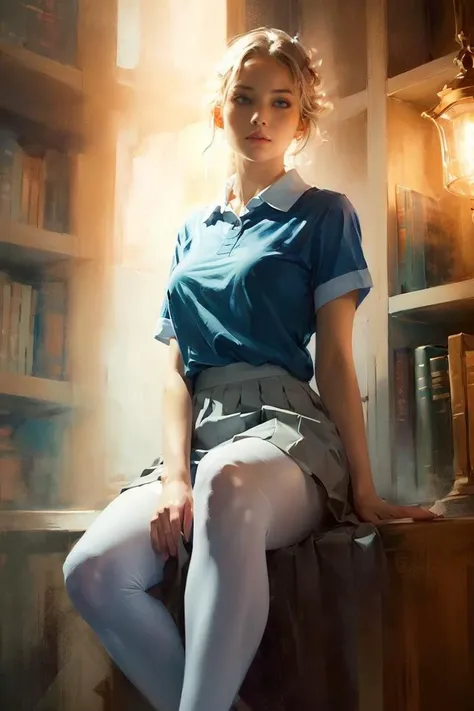 asia girl,(in library),Poetic lens,obscure light and shadow,nostalgia in blue,aestheticism,lace,brooding,emotional depth,1girl,solo,expressive brushwork,pastel hues,, ultra realistic 8k cg, picture-perfect face, flawless, clean, masterpiece, professional artwork, famous artwork, perfect face, beautiful face, beautiful eyes, ((perfect female body)), solo,(immersive atmosphere, chiaroscuro:1.5,bright light:1.2,luminous lighting) ,,(blush:0.5),seductive expression,extremely detailed_eyes,thick thighs,large breasts, beautifully detailed background,depth of field,realistic:1.3, long shot,1girl,shirt,pleated skirt, school uniform, sitting, full body, (ambient light:1.3),(cinematic composition:1.3),(neon lights:0.1),(HDR:0.1),Accent Lighting, white pantyhose, <lora:painting:0.6>
