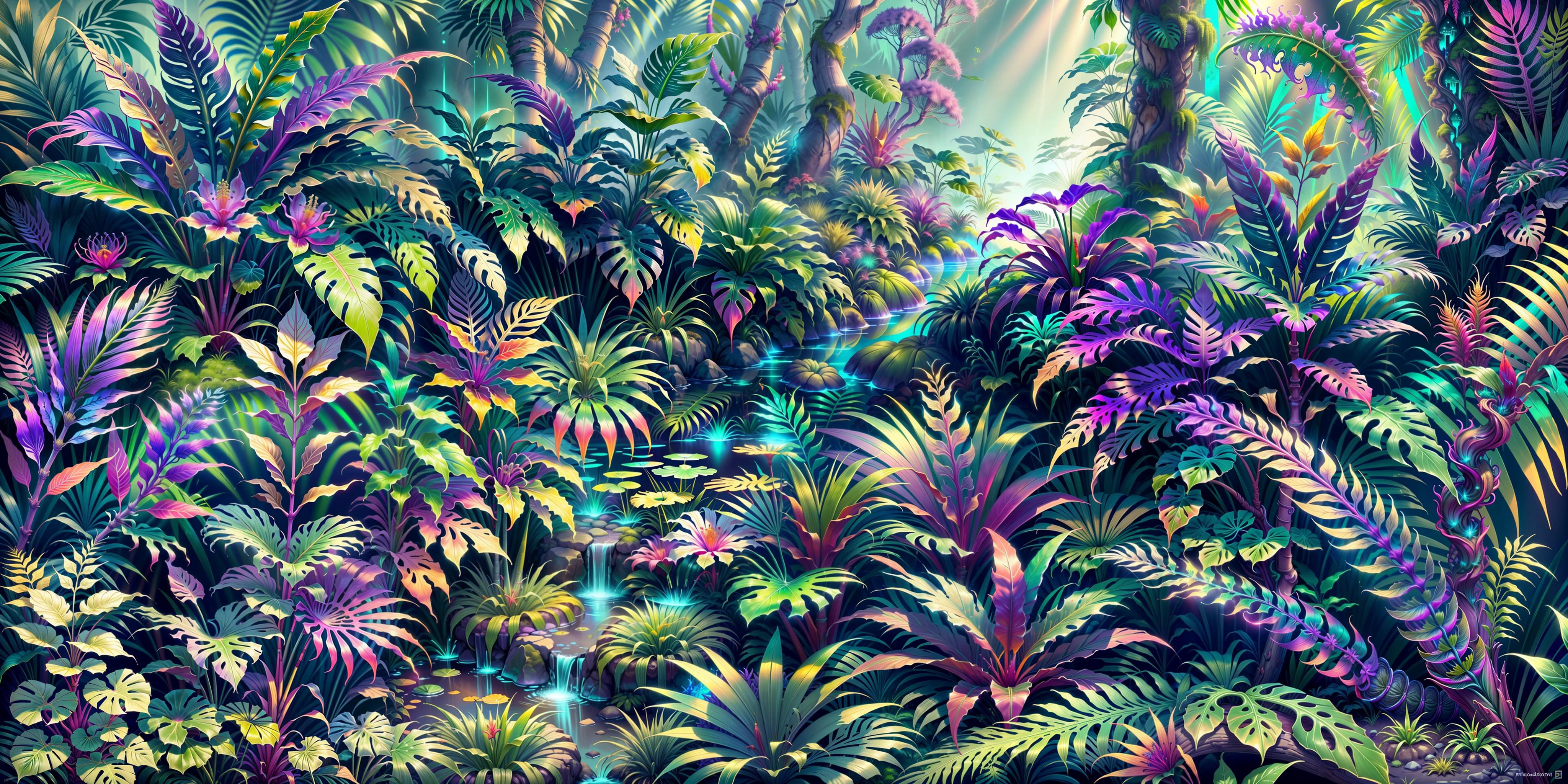 (macro-photography, Hyper-realism):2, (ambient occlusion:1.5, global illumination:1.5), (Subsurface scattering:1.5), professional nature photography, photo-realism, , (purple:1.4, blue:2 ), (vibrant colors, saturated colors), vector art, (beautifully color-graded) cinematic , ue5, (masterpiece, best quality, high quality, highres), vivid colors, cinematic lighting, blue mist with Volume rendering, moss on the ground, undergrowth, exotic vegetation, vista, (fractal leaves, fractals in nature):1.2, vibrant yellow , vibrant green, cgsociety, magical, mystical, mystifying, hyperrealistic, Holographic, (Ferns), best quality, maximum quality, intricate details, ultrasharp, realistic shadows, extremely detailed 8K wallpaper,
(Heliconia, Tiger lily, Philodendron Monstera,Large-Leaved Philodendron Xanadu, Colorful Ti Plants, Tropical Bromeliad, Caladium leaves, Fiddle-Leaf Fig, Croton variegatum plants, Persian Shield, Calathea Medallion):0.5
Cropped image, close up,
<lora:add_detail:0.3>
<lora:kVoidEnergy-000001:0.1> ( v0id3nergy plants):0.1,
<lora:AetherPunkAI:0.2>, aetherpunkai ,
<lora:CyberPunkAI:0.3>,
<lora:DruidMagicAI-000010:0.1> druidmagicai,
<lora:DWM_painting:0.3> 10_painting realistic,