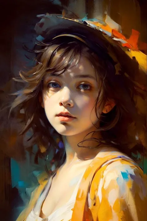 OIL PAINTING,IMPRESSIONISM,(masterpiece, best quality, ultra-detailed, best shadow),(detailed background),realistic ,(Rembrandt),  <lora:DWM_painting:0.6>,1girl,looking at viewer, color field painting, (large swaths of color):1.2, abstract expressionism, bold hues, emotional impact, atmospheric depth,