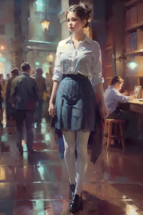 asia girl,(in library),Poetic lens,obscure light and shadow,nostalgia in blue,aestheticism,lace,brooding,emotional depth,1girl,solo,expressive brushwork,pastel hues,, ultra realistic 8k cg, picture-perfect face, flawless, clean, masterpiece, professional artwork, famous artwork, perfect face, beautiful face, beautiful eyes, ((perfect female body)), solo,(immersive atmosphere, chiaroscuro:1.5,bright light:1.2,luminous lighting) ,,(blush:0.5),seductive expression,extremely detailed_eyes,thick thighs,large breasts, beautifully detailed background,depth of field,realistic:1.3, long shot,1girl,shirt,pleated skirt, school uniform, sitting, full body, (ambient light:1.3),(cinematic composition:1.3),(neon lights:0.1),(HDR:0.1),Accent Lighting, white pantyhose, <lora:painting:0.8>