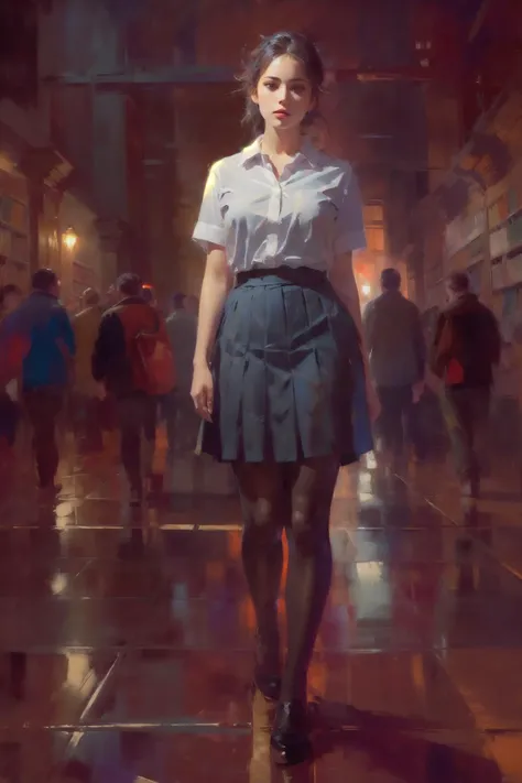 asia girl,(in library),Poetic lens,obscure light and shadow,nostalgia in blue,aestheticism,lace,brooding,emotional depth,1girl,solo,expressive brushwork,pastel hues,, ultra realistic 8k cg, picture-perfect face, flawless, clean, masterpiece, professional artwork, famous artwork, perfect face, beautiful face, beautiful eyes, ((perfect female body)), solo,(immersive atmosphere, chiaroscuro:1.5,bright light:1.2,luminous lighting) ,,(blush:0.5),seductive expression,extremely detailed_eyes,thick thighs,large breasts, beautifully detailed background,depth of field,realistic:1.3, long shot,1girl,shirt,pleated skirt, school uniform, sitting, full body, (ambient light:1.3),(cinematic composition:1.3),(neon lights:0.1),(HDR:0.1),Accent Lighting, white pantyhose, <lora:painting:0.8>