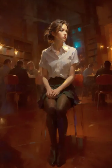 asia girl,(in library),Poetic lens,obscure light and shadow,nostalgia in blue,aestheticism,lace,brooding,emotional depth,1girl,solo,expressive brushwork,pastel hues,, ultra realistic 8k cg, picture-perfect face, flawless, clean, masterpiece, professional artwork, famous artwork, perfect face, beautiful face, beautiful eyes, ((perfect female body)), solo,(immersive atmosphere, chiaroscuro:1.5,bright light:1.2,luminous lighting) ,,(blush:0.5),seductive expression,extremely detailed_eyes,thick thighs,large breasts, beautifully detailed background,depth of field,realistic:1.3, long shot,1girl,shirt,pleated skirt, school uniform, sitting, full body, (ambient light:1.3),(cinematic composition:1.3),(neon lights:0.1),(HDR:0.1),Accent Lighting, white pantyhose, <lora:painting:0.8>