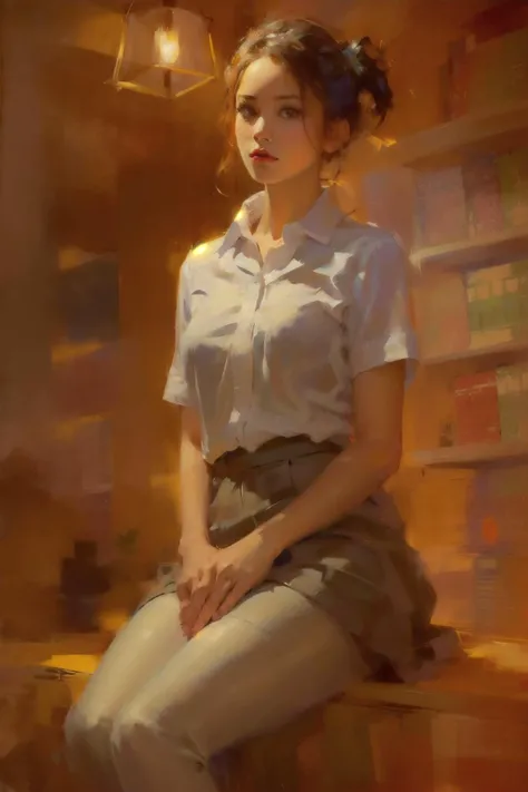 asia girl,(in library),Poetic lens,obscure light and shadow,nostalgia in blue,aestheticism,lace,brooding,emotional depth,1girl,solo,expressive brushwork,pastel hues,, ultra realistic 8k cg, picture-perfect face, flawless, clean, masterpiece, professional artwork, famous artwork, perfect face, beautiful face, beautiful eyes, ((perfect female body)), solo,(immersive atmosphere, chiaroscuro:1.5,bright light:1.2,luminous lighting) ,,(blush:0.5),seductive expression,extremely detailed_eyes,thick thighs,large breasts, beautifully detailed background,depth of field,realistic:1.3, long shot,1girl,shirt,pleated skirt, school uniform, sitting, full body, (ambient light:1.3),(cinematic composition:1.3),(neon lights:0.1),(HDR:0.1),Accent Lighting, white pantyhose, <lora:painting:0.8>