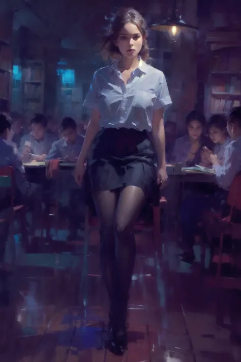 asia girl,(in library),Poetic lens,obscure light and shadow,nostalgia in blue,aestheticism,lace,brooding,emotional depth,1girl,solo,expressive brushwork,pastel hues,, ultra realistic 8k cg, picture-perfect face, flawless, clean, masterpiece, professional artwork, famous artwork, perfect face, beautiful face, beautiful eyes, ((perfect female body)), solo,(immersive atmosphere, chiaroscuro:1.5,bright light:1.2,luminous lighting) ,,(blush:0.5),seductive expression,extremely detailed_eyes,thick thighs,large breasts, beautifully detailed background,depth of field,realistic:1.3, long shot,1girl,shirt,pleated skirt, school uniform, sitting, full body, (ambient light:1.3),(cinematic composition:1.3),(neon lights:0.1),(HDR:0.1),Accent Lighting, white pantyhose, <lora:painting:0.8>