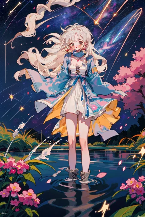 (best quality:1.4),(hiten1:0.49),(light:1.543),(full body:1.23),(Leaning forward slightly:1.183),(from below),(wind blows:1.421),(blue, red, pink, flower clusters: 1.6532),(looking at viewer) Deep view,(lights:1.1), (blue, red, pink, flower clusters: 1.6532),(Petals floating on the water:1.212),(stone),(starry sky:1.5),(shooting stars:1.5),(galaxy:1.543),(one girl:1.54), (standing in the water:1.642),(long white hair:1.34),(ends of the hair turn blue:1.06),(small:1.12),(white eyes:1.21),(arms behind back:1.425),(blush:1.1),(bare thighs:1.1),(thigh lace-up:1.3),open clothes,sexy,cleavage:1.24,nude,pink nipples,medium breasts,necklace,(sapphire decoration),(Wide sleeves),, <lyco:littledog:1.0>